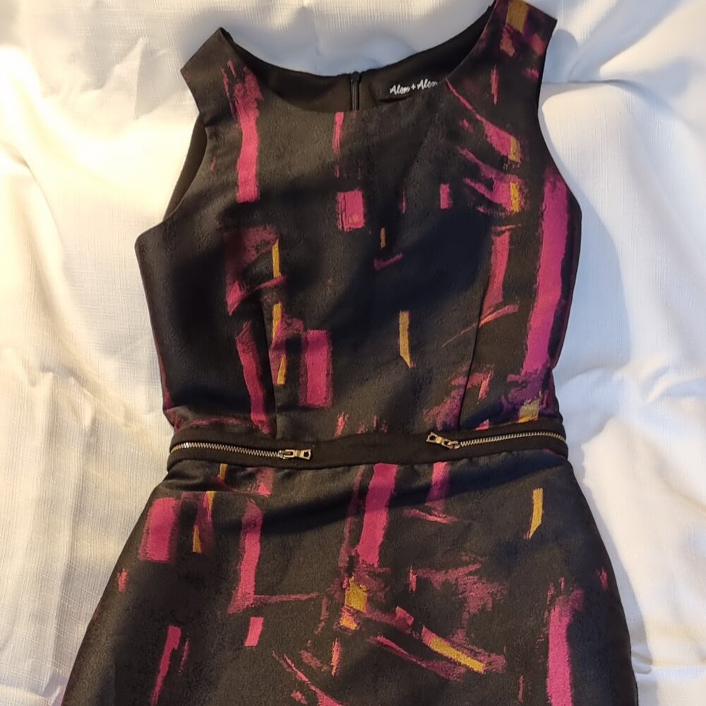 Alex + Alex black with purple and gold patterned dress